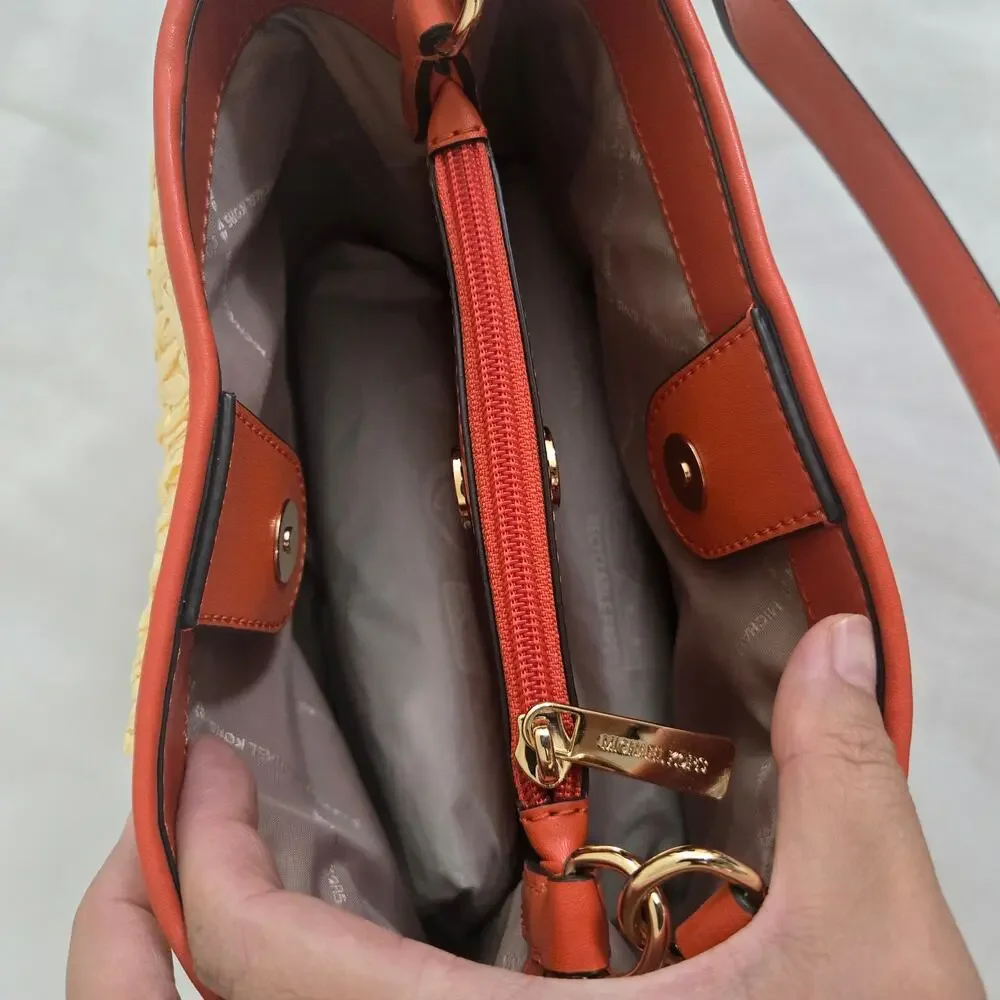 Michael Kors Pratt Medium Ombre Straw Shoulder Bag Red Clay Orange Summer Boho - Picture 9 of 15